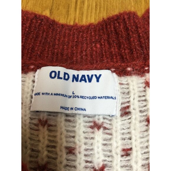 Old Navy Womens Fair Isle Knit Cardigan Sweater Size L Red White Chunky Warm - Picture 3 of 6